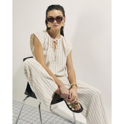 Cream Linen Blend Striped Drawstring Trousers