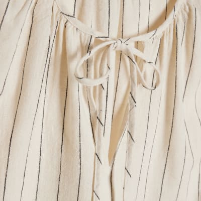 Cream Linen Blend Striped Tie Neck Top