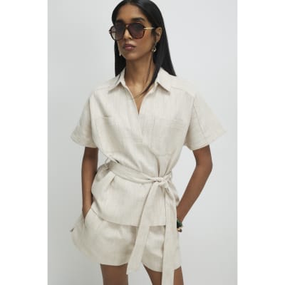 Cream Linen Look Collared Belted Top