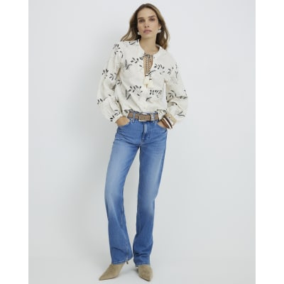 Cream Long Sleeve Embroidered Blouse