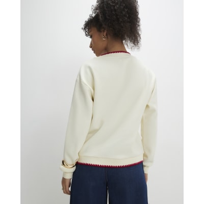 Cream Long Sleeve Embroidered Sweat Cardigan