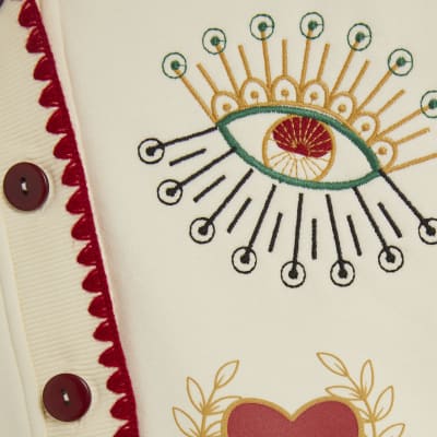 Cream Long Sleeve Embroidered Sweat Cardigan