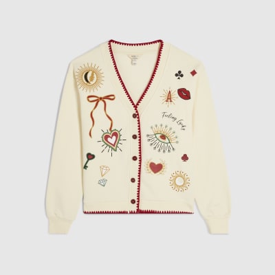 Cream Long Sleeve Embroidered Sweat Cardigan