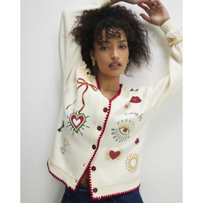 Cream Long Sleeve Embroidered Sweat Cardigan