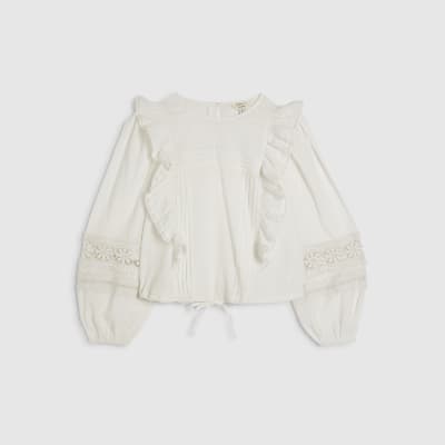 Cream Long Sleeve Ruffle Blouse