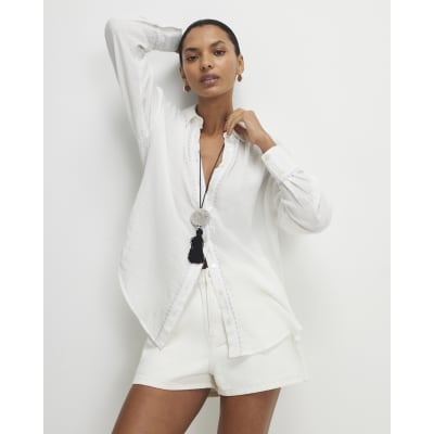 Cream Long Sleeve Tie Back Beach Shirt