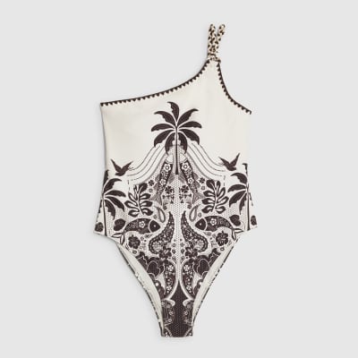 Cream One Shoulder Print Swimsuit