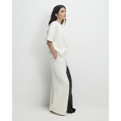 Cream Petite Jacquard Wide Trouser