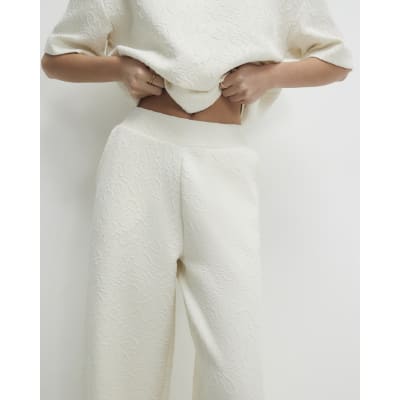 Cream Petite Jacquard Wide Trouser