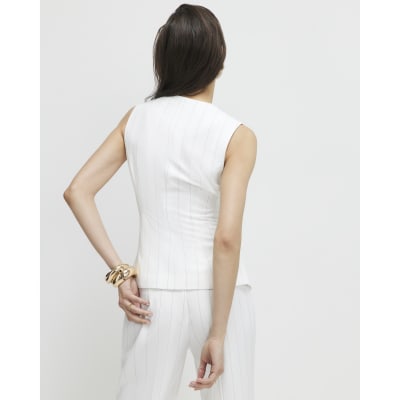 Cream Sleeveless Striped Longline Waistcoat