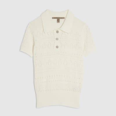 Cream Stitched Knit Polo Top