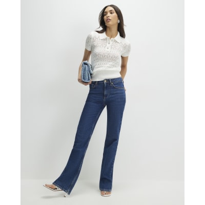 Cream Stitched Knit Polo Top
