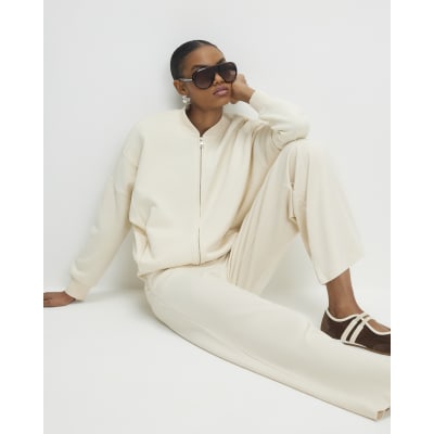 Cream Stretch Wide Leg Trousers