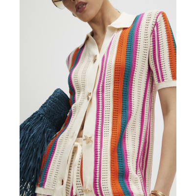 Cream Striped Crochet Shirt