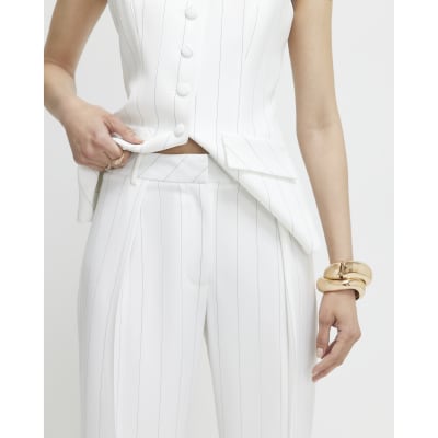 Cream Striped Wide Leg Trousers