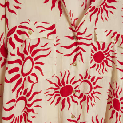 Cream Sun Print Oversized Beach Shirt