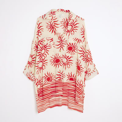 Cream Sun Print Oversized Beach Shirt