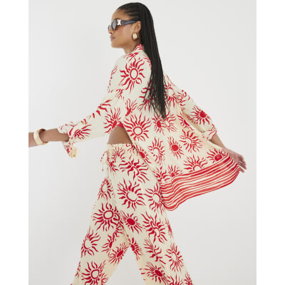 Cream Sun Print Oversized Beach Shirt