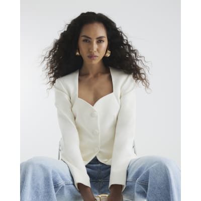 Cream Sweetheart Neckline Blazer