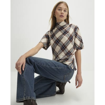 Cream Tartan Print Short Sleeve Top
