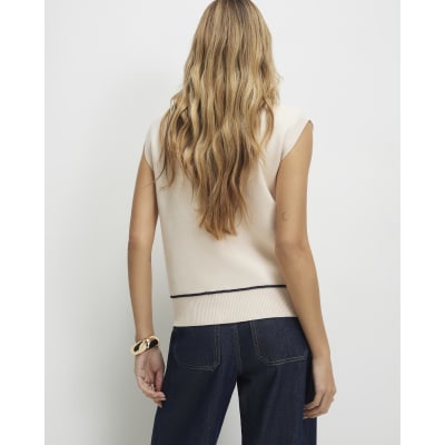 Cream Tipped Zip Through Sleeveless Cardigan