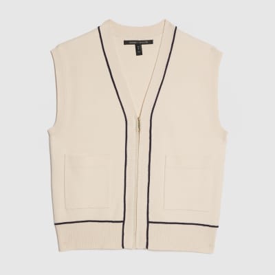 Cream Tipped Zip Through Sleeveless Cardigan