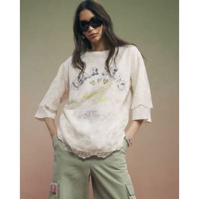 Cream Year Zero Lace Overlay T-Shirt