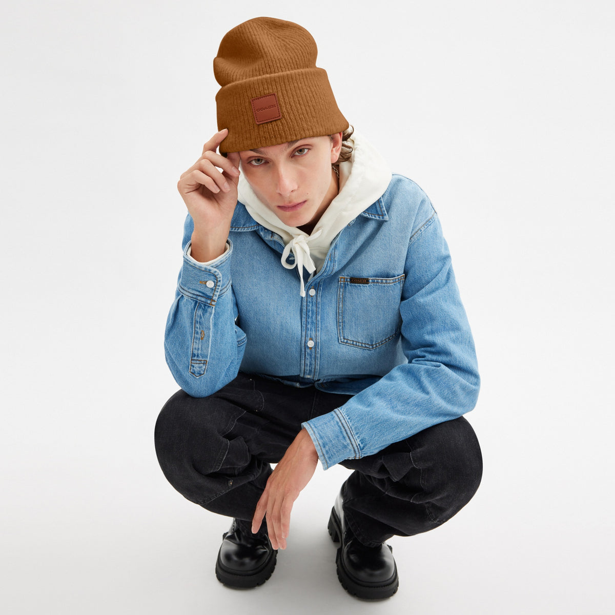 Knit Beanie With Leather Patch