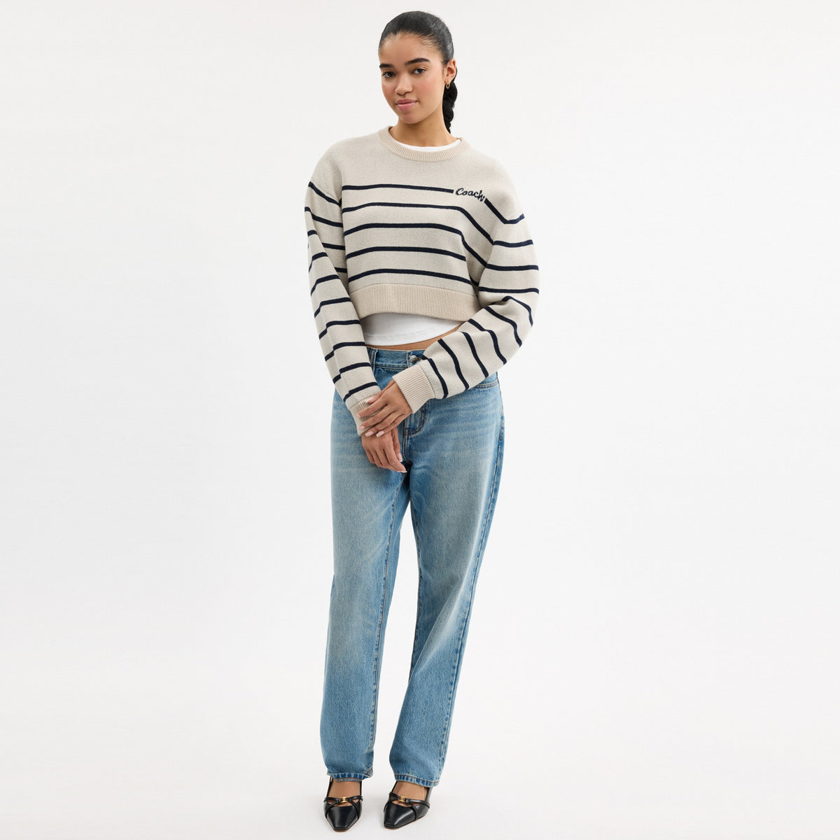 Cursive Signature Striped Cropped Sweater