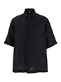 Fendi Black Oversize Shirt with Short Wide Sleeves and All-Over FF Embroidery in Linen Blend Man