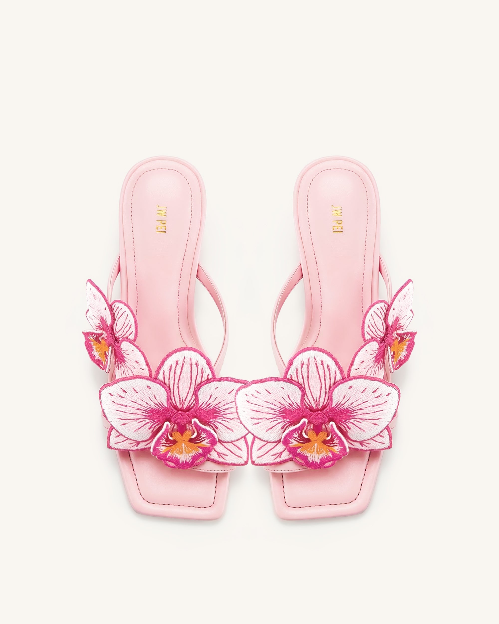 Serena Orchid Embroidered Toe Ring Heeled Sandals - Baby Pink