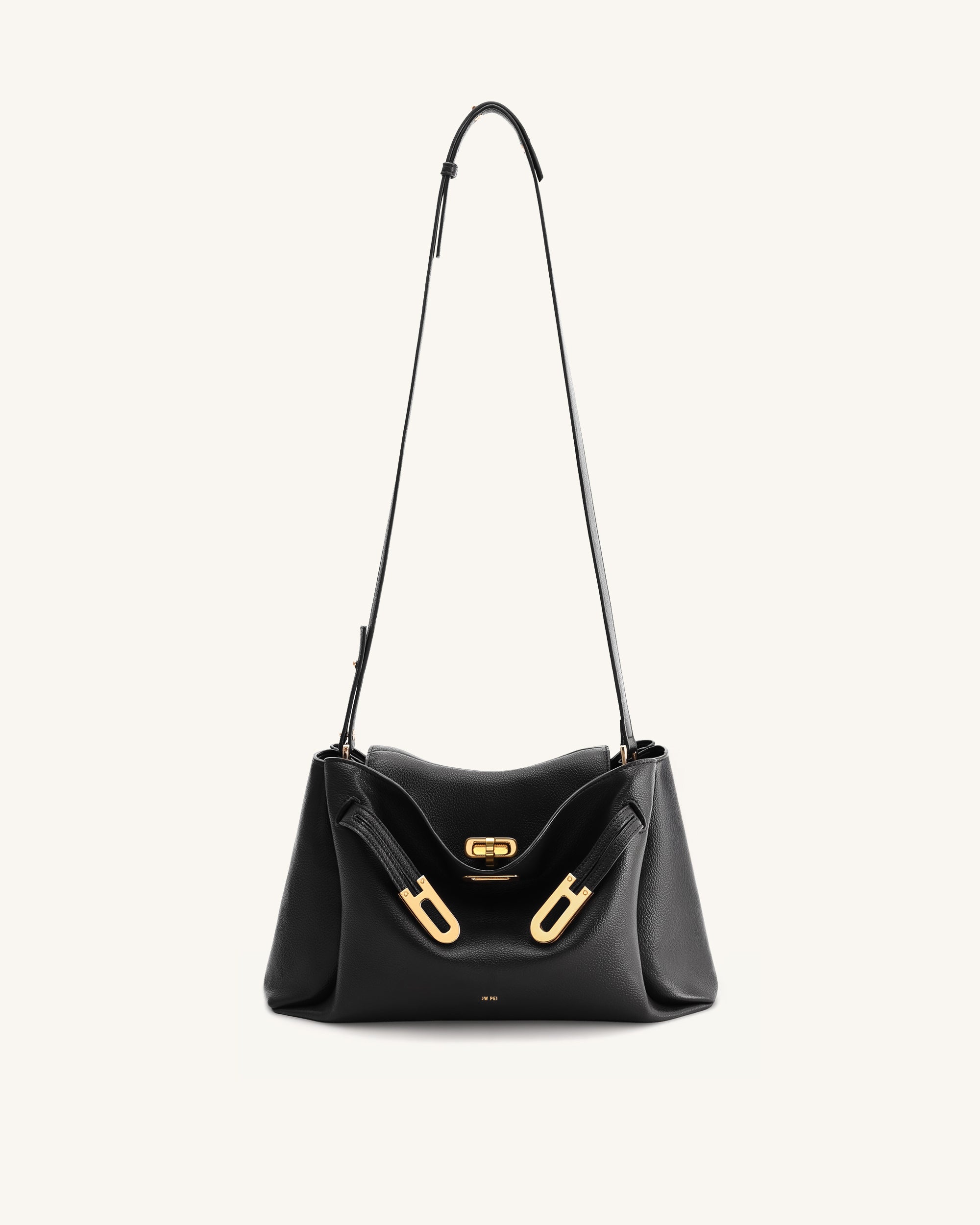 Rhea Pebbled Double Buckle Shoulder Bag - Black