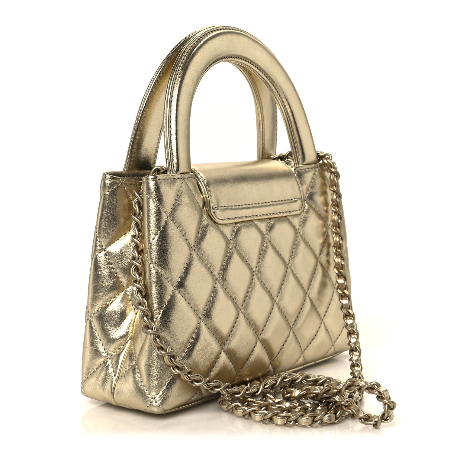 Metallic Shiny Aged Calfskin Quilted Nano Kelly Shopper Gold