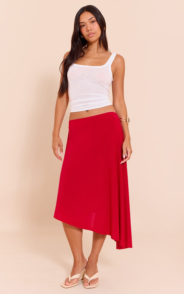 Red Asymmetric Hem Slinky Midi Skirt