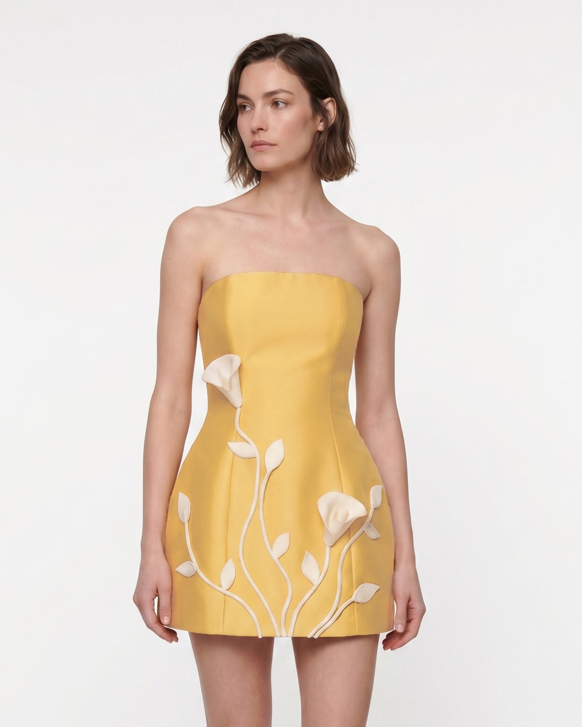 3D Vine Floral Strapless Mini Dress - Olive Green