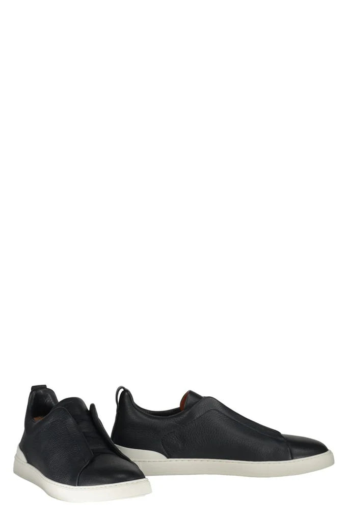 Zegna Men’s Grainy Deer Leather Sneakers – Round Toe, Logo Detail, 100% Leather