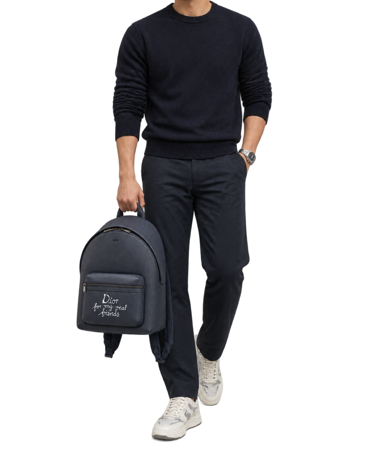 Dior x Hylton Nell Rider 2.0 Zip Backpack Grained Calfskin Print Navy Blue White