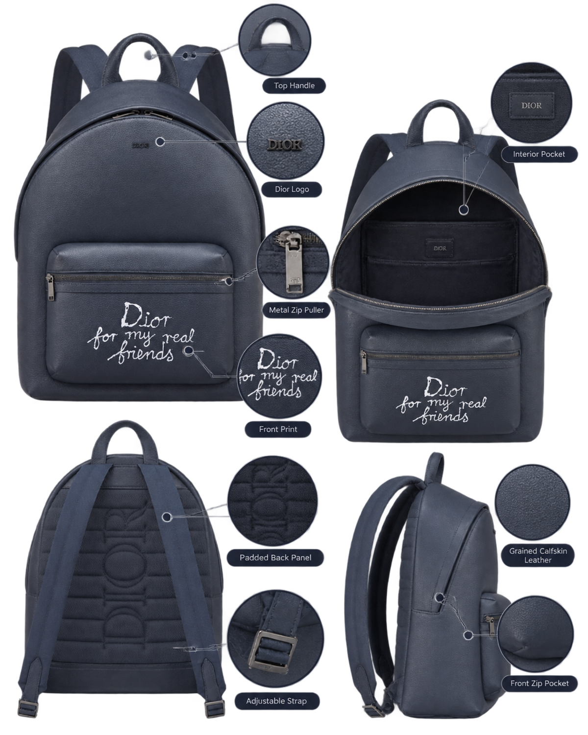Dior x Hylton Nell Rider 2.0 Zip Backpack Grained Calfskin Print Navy Blue White