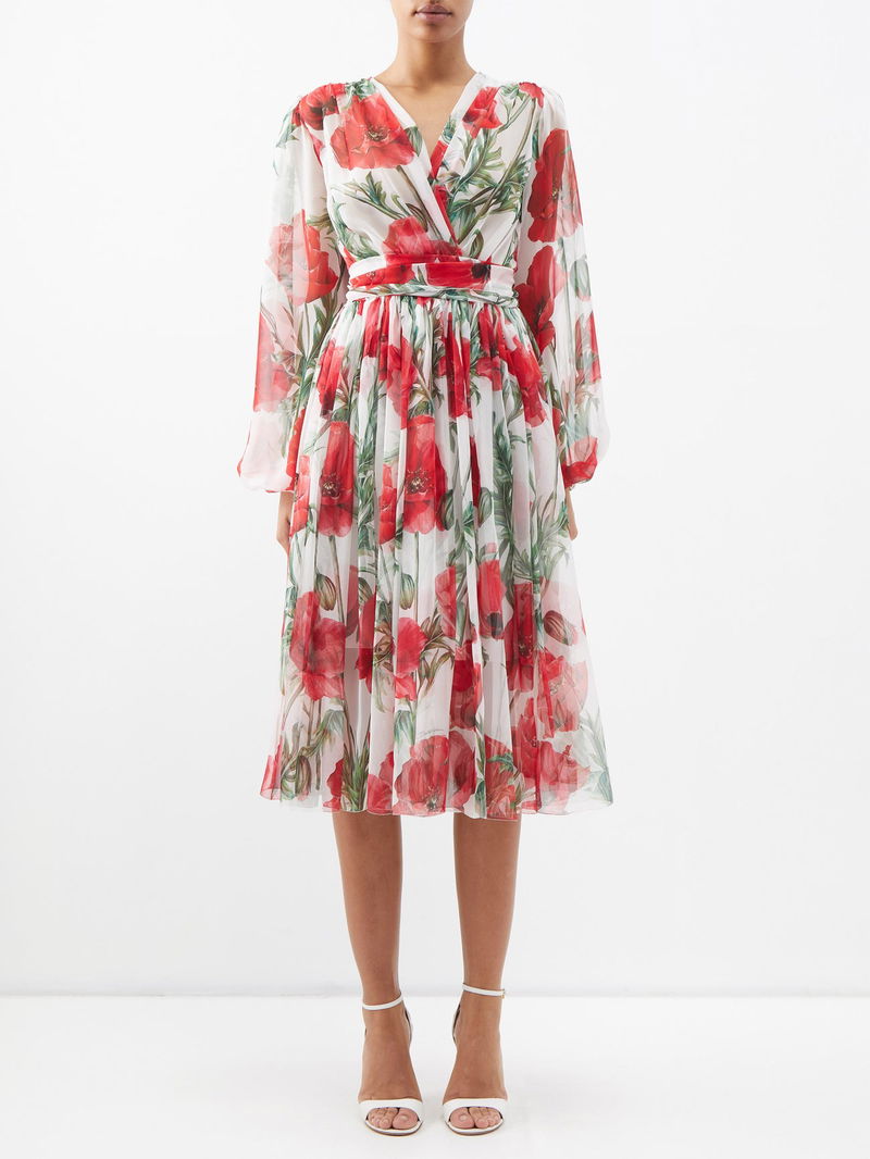 Happy Garden Poppy-Print Silk-Chiffon Midi Dress