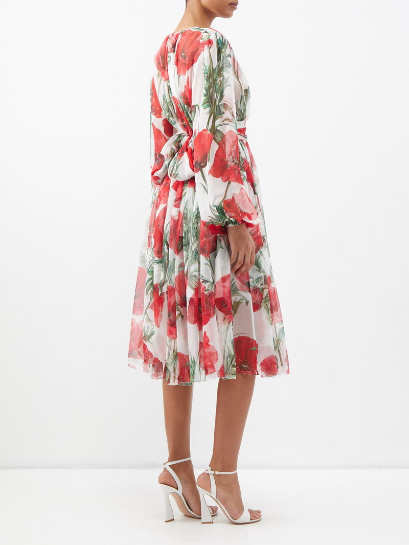 Happy Garden Poppy-Print Silk-Chiffon Midi Dress
