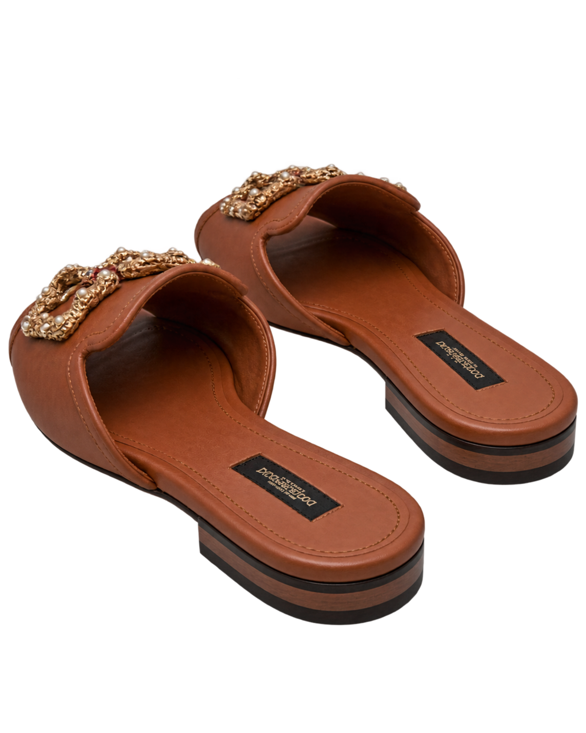 Dolce & Gabbana Brown Leather DG Amore Flat Slides