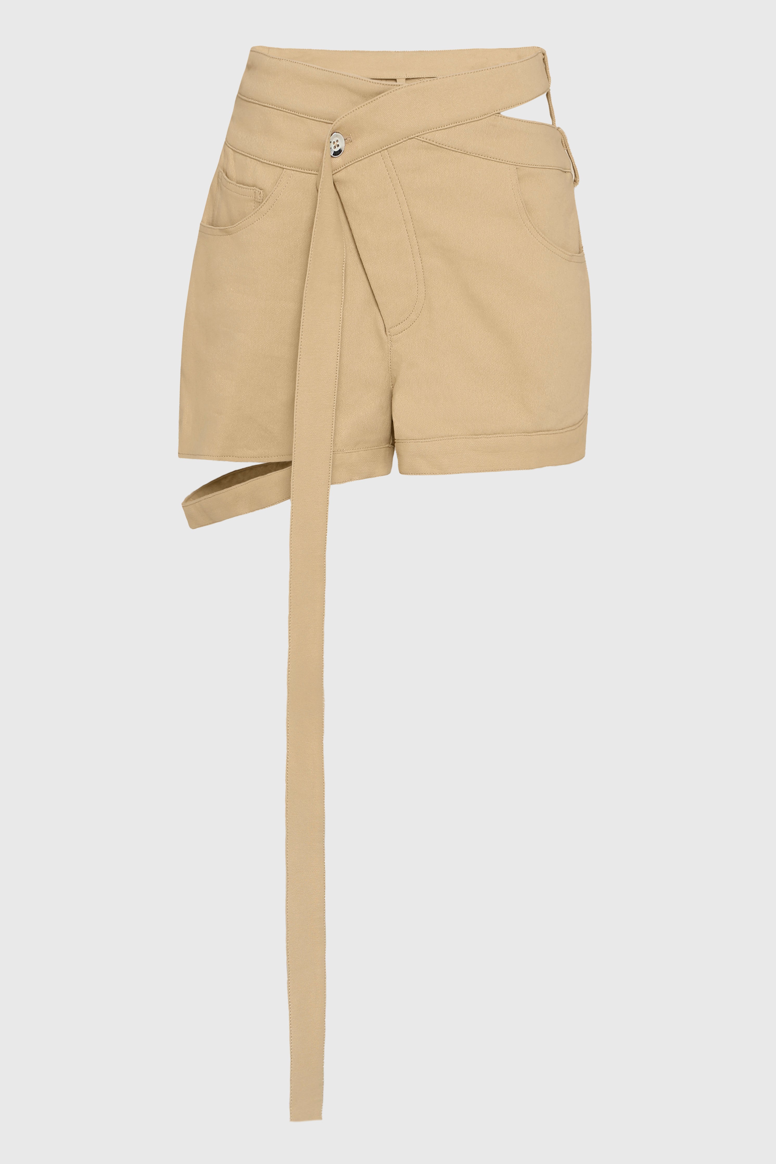 DOUBLE WAIST SLANTED DENIM SHORTS