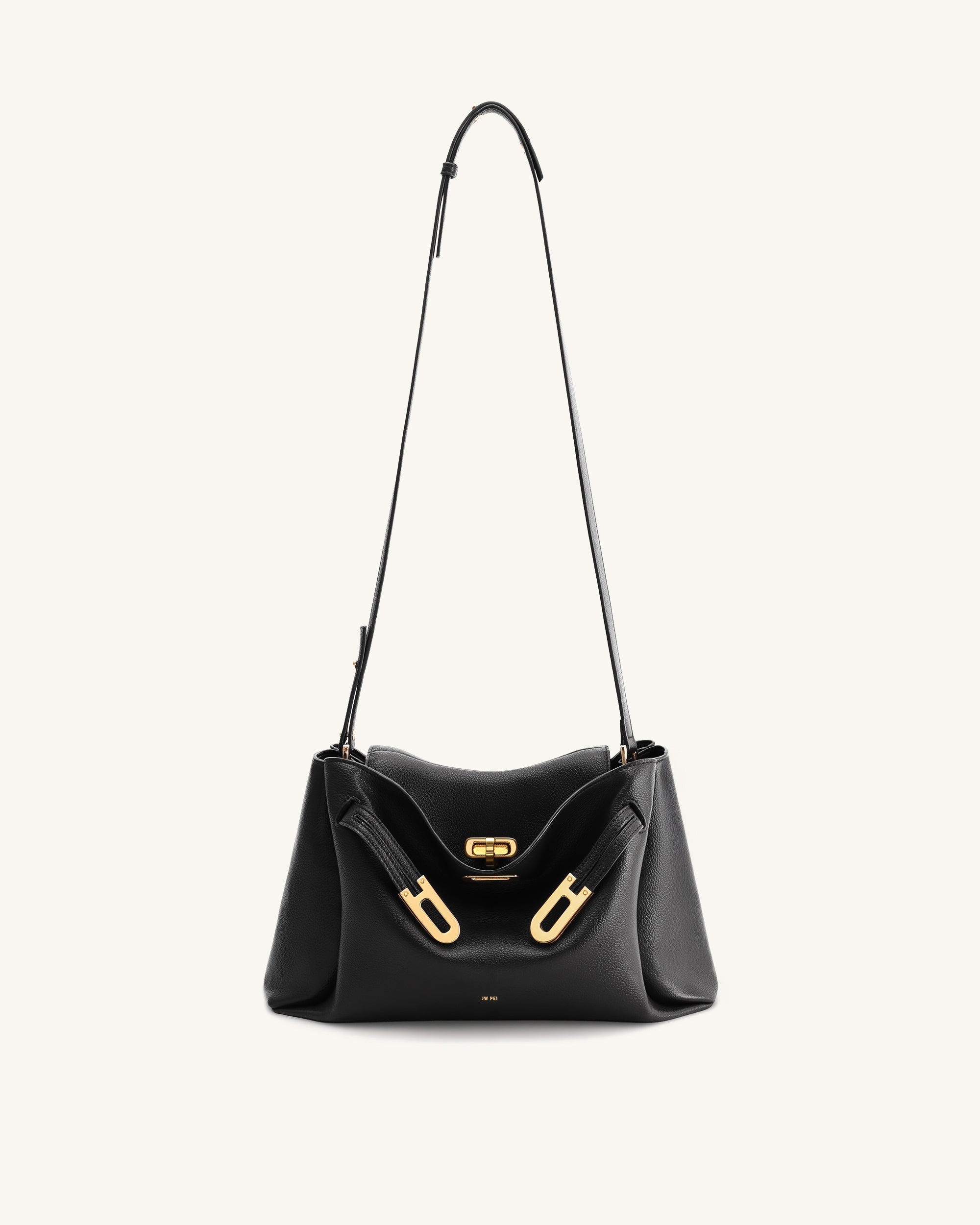 Rhea Pebbled Double Buckle Shoulder Bag - Black