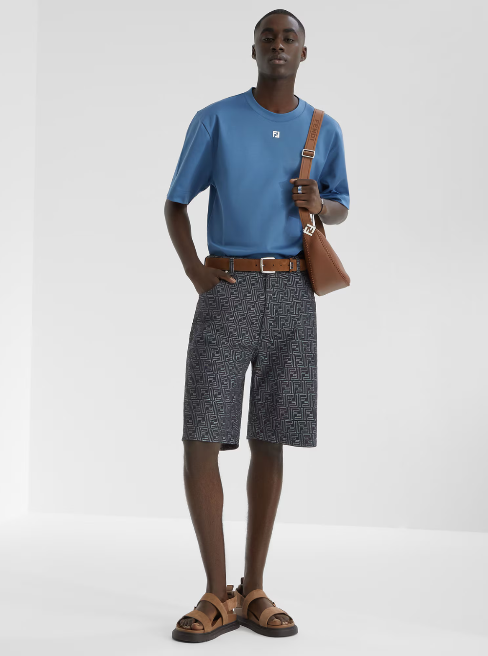 Fendi Blue Bermuda with Belt Loops and All-Over FF Motif in Cotton Man