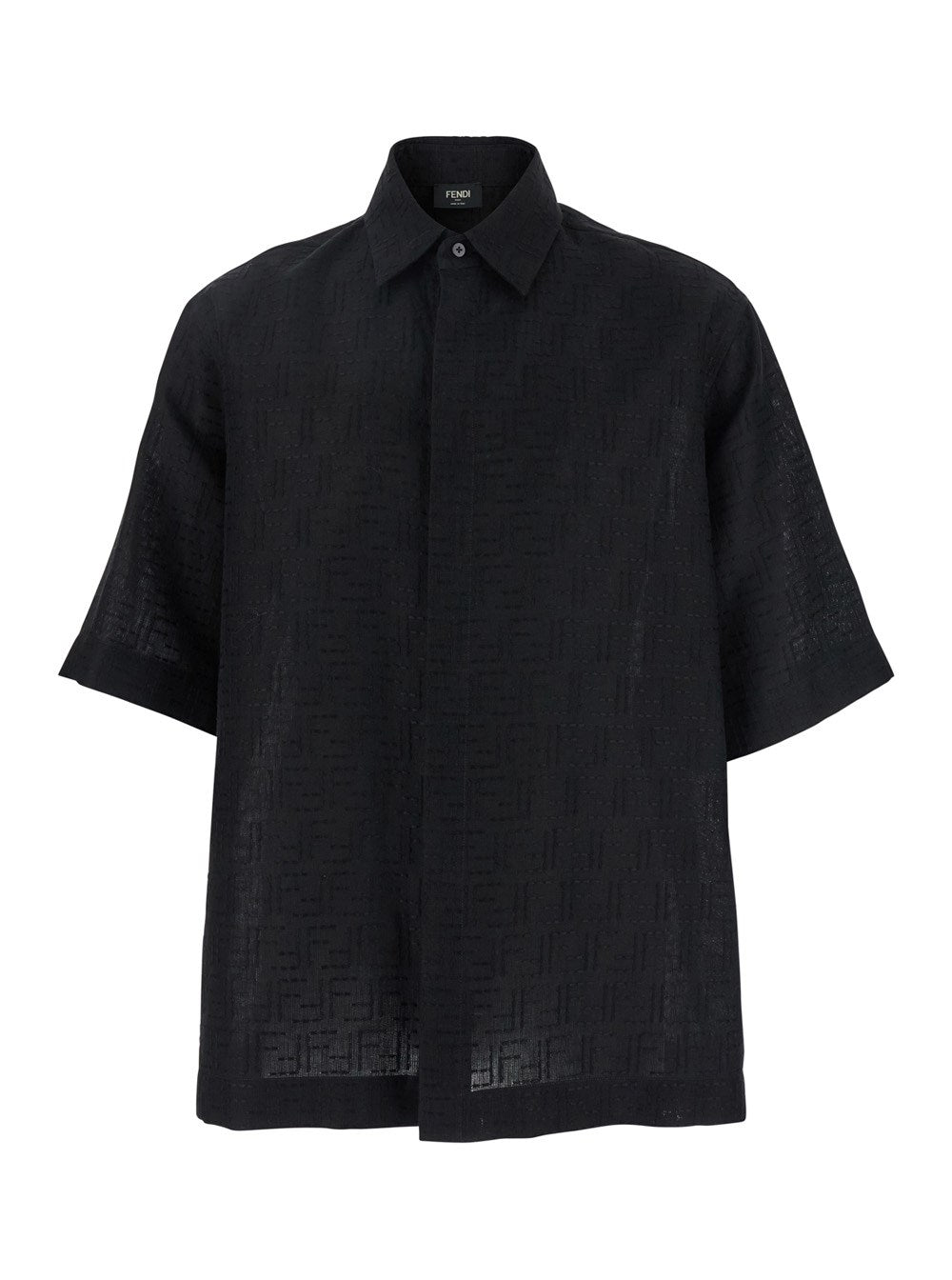 Fendi Black Oversize Shirt with Short Wide Sleeves and All-Over FF Embroidery in Linen Blend Man
