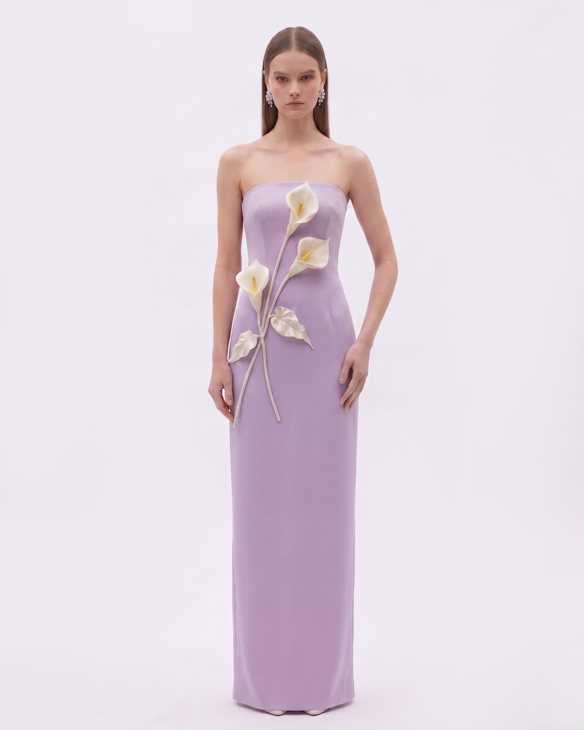 Floral Appliqué Strapless Dress - Cream Ivory