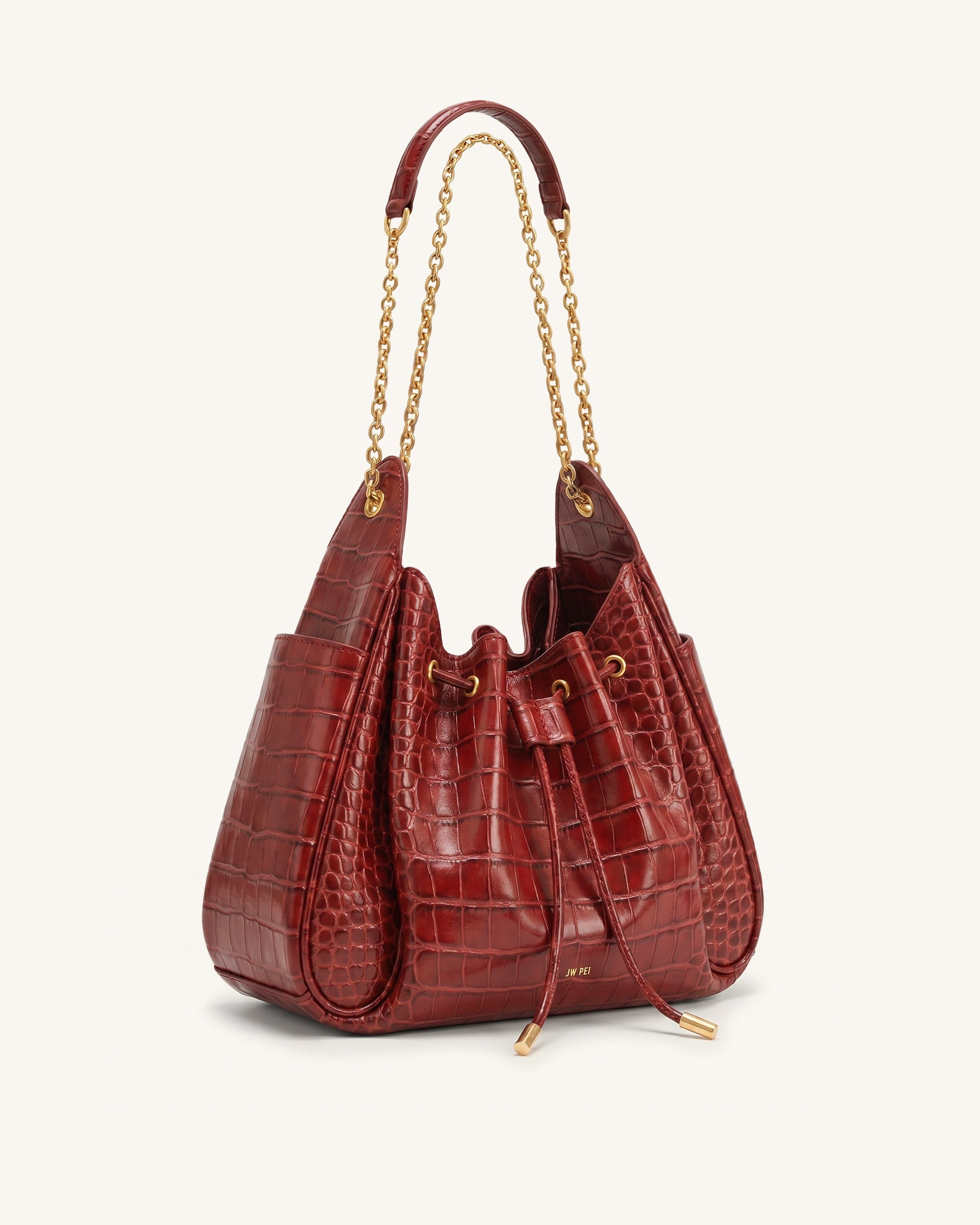 Rowan Ruched Drawstring Chain Bucket Bag - Ivory