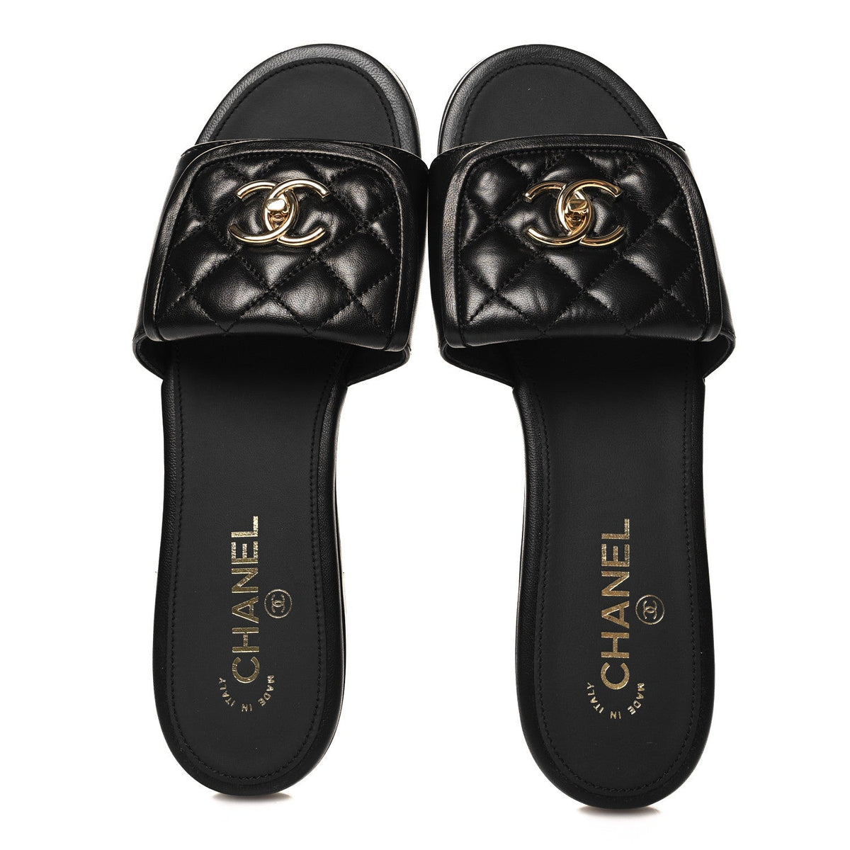 Chanel Lambskin Quilted Turnlock Flat Mules Black