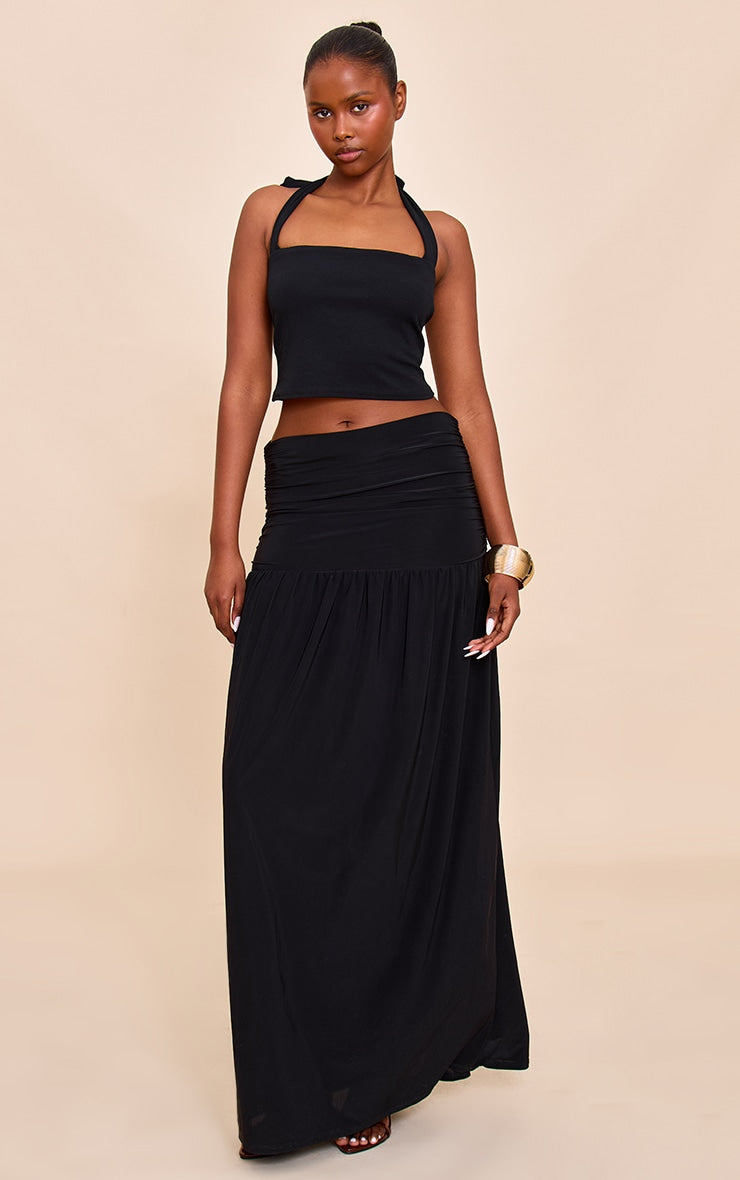 Black Overlay Detail Double Layer Slinky Maxi Skirt