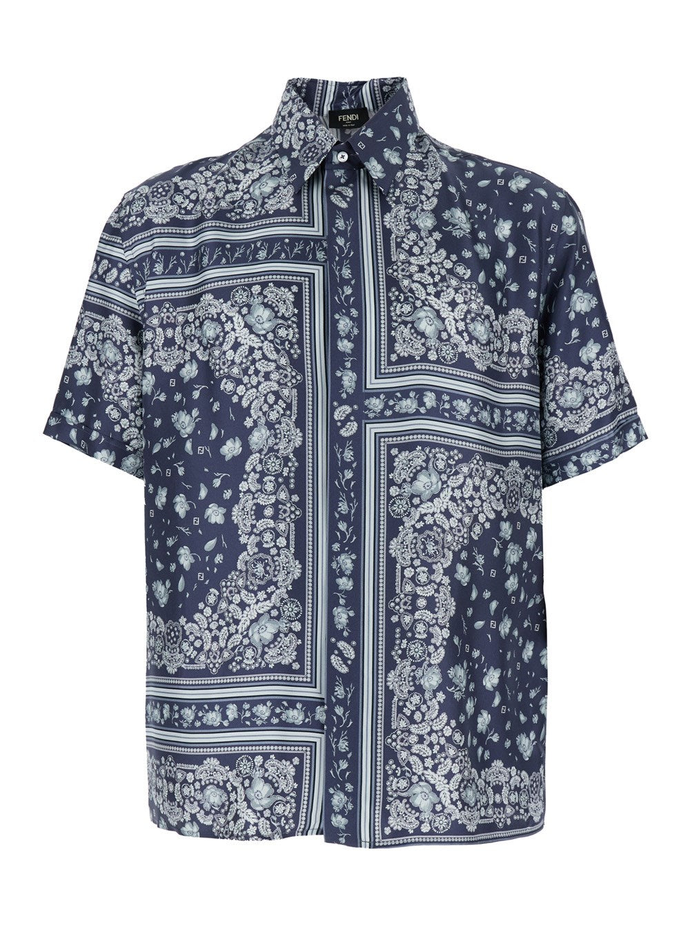 Fendi Blue Shirt With All-Over Bandana Print in Silk Man